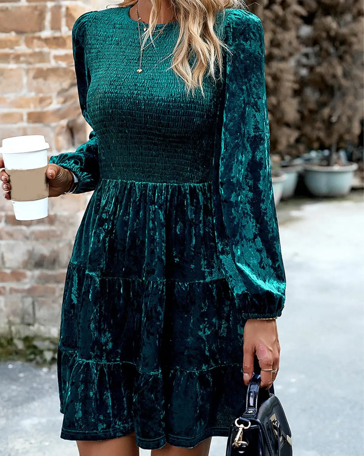 LifeShe Women Velvet Dress Crew Neck Smocked Babydoll Dress Velvet Mini Dresses for Party Cocktail