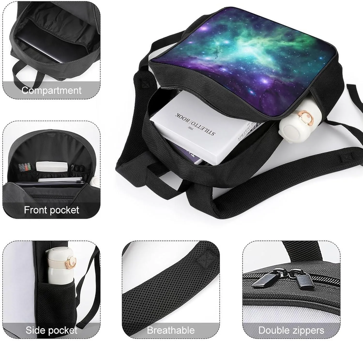 Lightweight Backpacks Cute Travel Bag Durable Green Blue Purple Galaxy Printing Small Travel Backpack For Women & Men