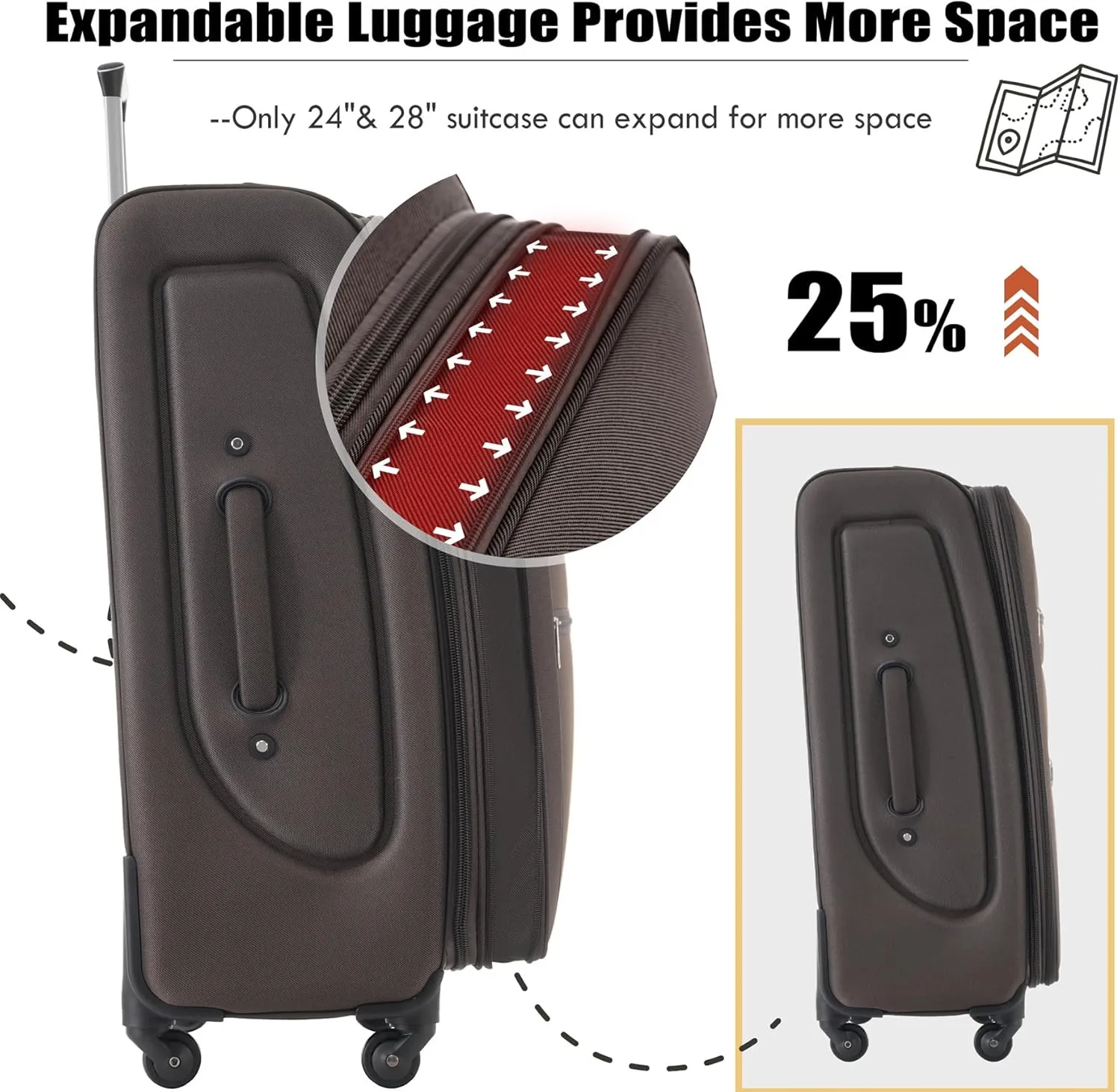 Lightweight Expandable Softside Luggage Sets 3 Piece, Large Capacity Travel Suitcase with Spinner Wheel, TSA Lock, Easy Access Design and Adjustable Telescoping Handle (Brown)