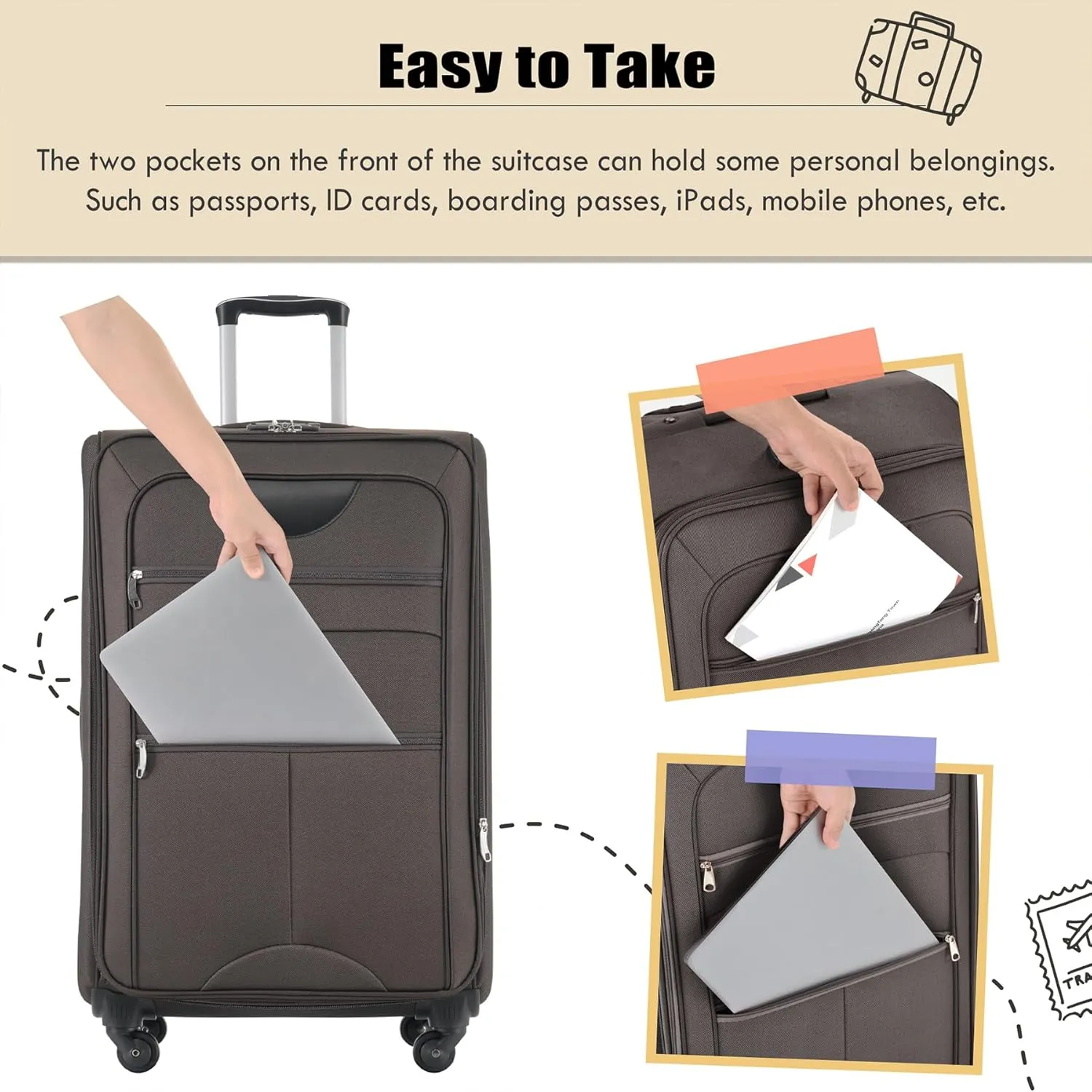 Lightweight Expandable Softside Luggage Sets 3 Piece, Large Capacity Travel Suitcase with Spinner Wheel, TSA Lock, Easy Access Design and Adjustable Telescoping Handle (Brown)