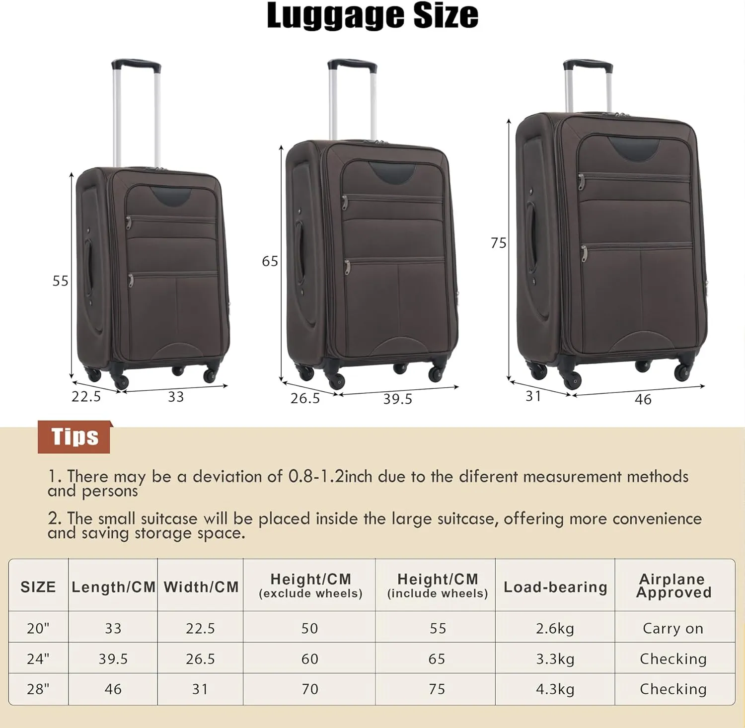 Lightweight Expandable Softside Luggage Sets 3 Piece, Large Capacity Travel Suitcase with Spinner Wheel, TSA Lock, Easy Access Design and Adjustable Telescoping Handle (Brown)