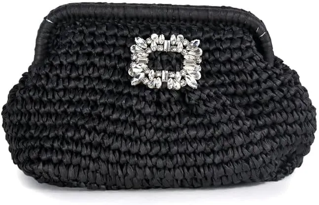 Liliana Glamorous Crystal Buckle Raffia Clutch - Trendy Fashion Elegant Women's Evening Bag Sparkling Rhinestone, H-VACAY