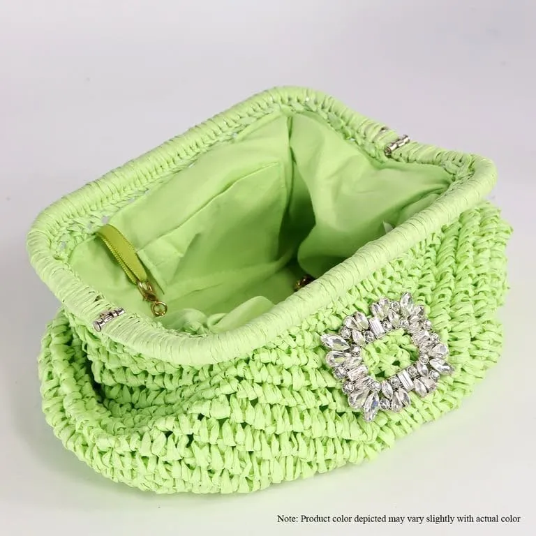 Liliana Glamorous Crystal Buckle Raffia Clutch - Trendy Fashion Elegant Women's Evening Bag Sparkling Rhinestone, H-VACAY