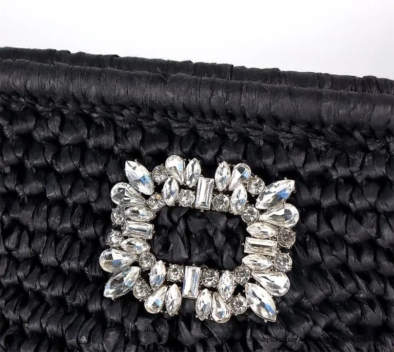 Liliana Glamorous Crystal Buckle Raffia Clutch - Trendy Fashion Elegant Women's Evening Bag Sparkling Rhinestone, H-VACAY