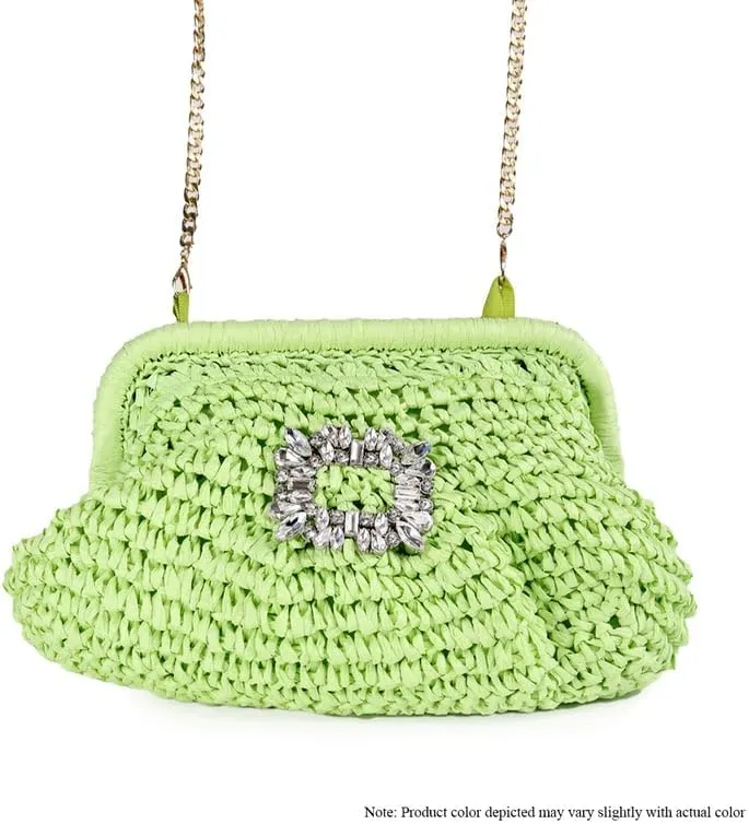 Liliana Glamorous Crystal Buckle Raffia Clutch - Trendy Fashion Elegant Women's Evening Bag Sparkling Rhinestone, H-VACAY