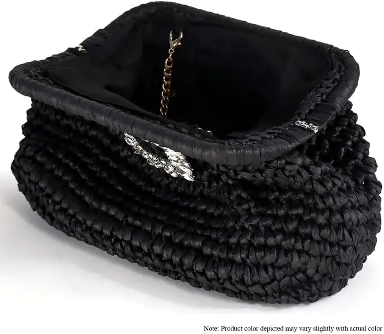 Liliana Glamorous Crystal Buckle Raffia Clutch - Trendy Fashion Elegant Women's Evening Bag Sparkling Rhinestone, H-VACAY