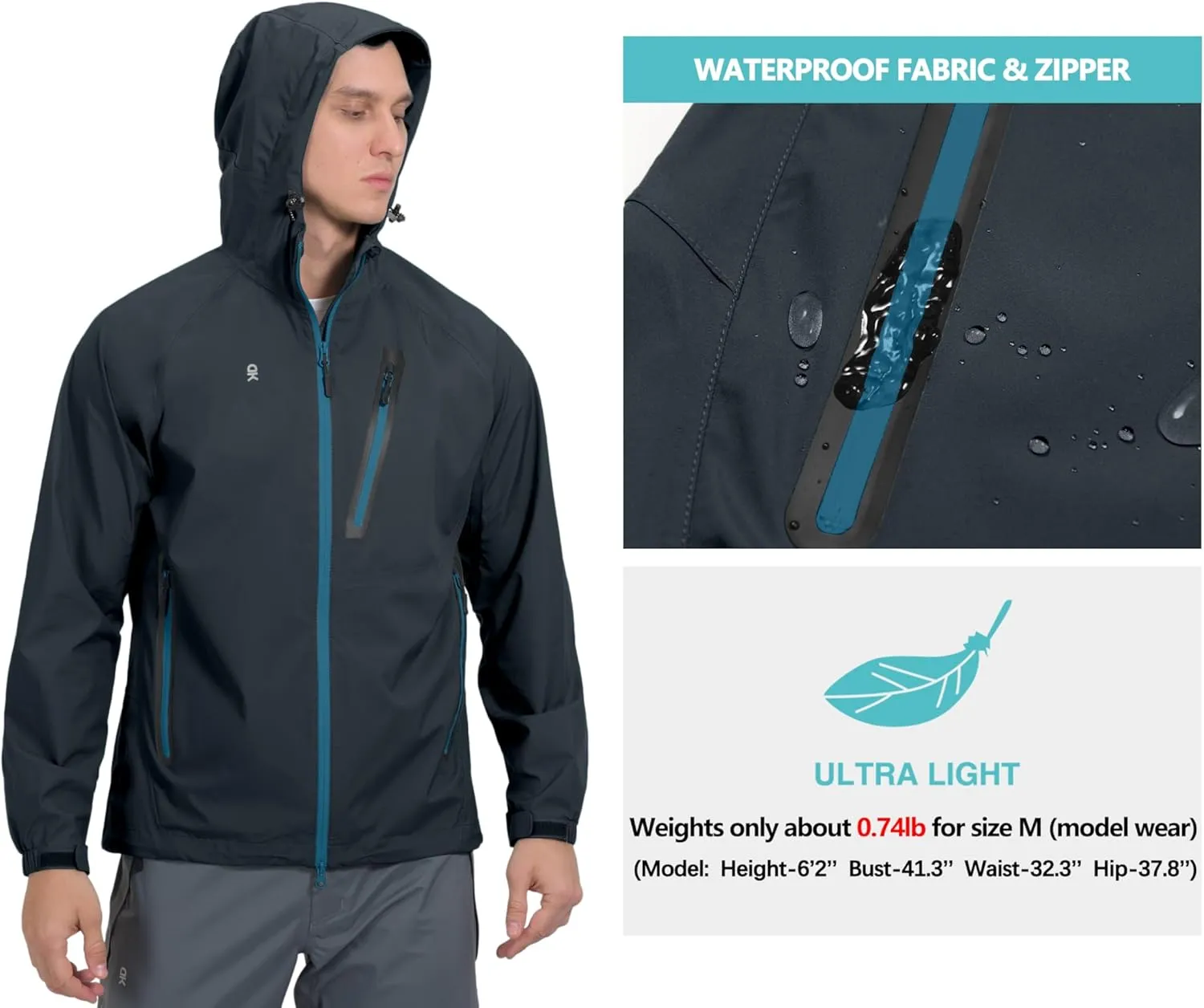 Little Donkey Andy Men's High-performance Waterproof Rain Jacket Ultra Lightweight Rain Shell for Hiking,Golf,Travel