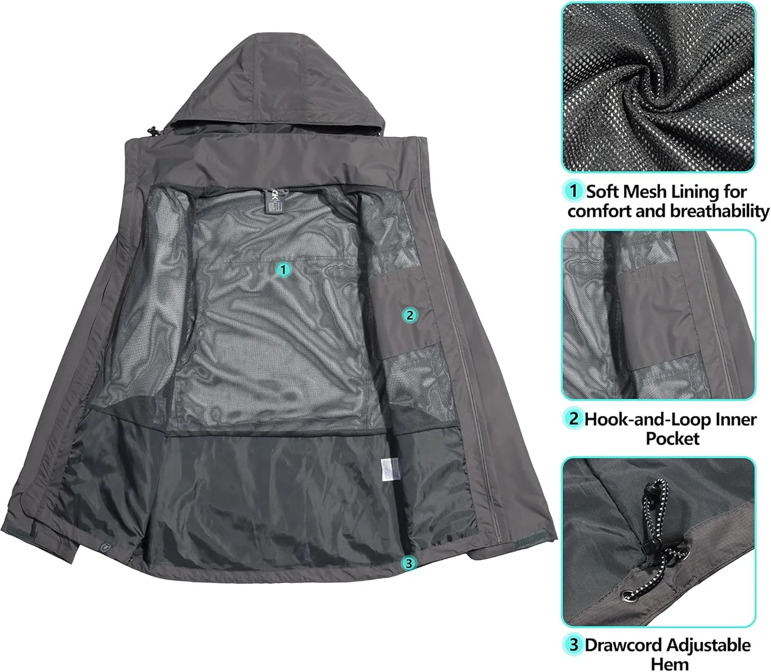 Little Donkey Andy Men's Waterproof Rain Jacket with Detachable Hood Outdoor Raincoat for Hiking Travel Cycling