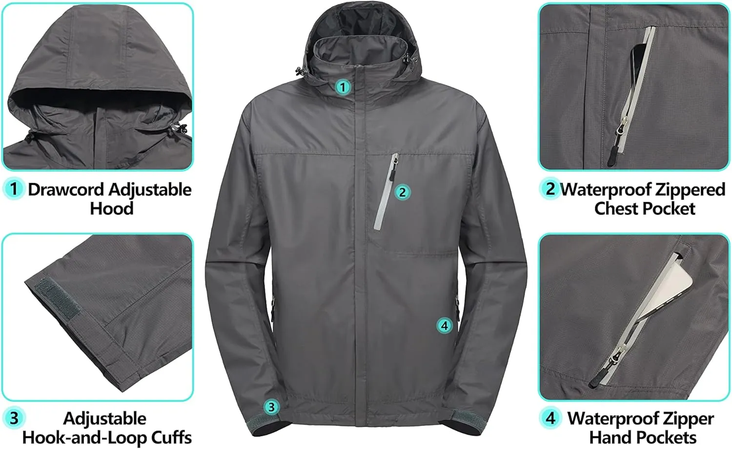 Little Donkey Andy Men's Waterproof Rain Jacket with Detachable Hood Outdoor Raincoat for Hiking Travel Cycling