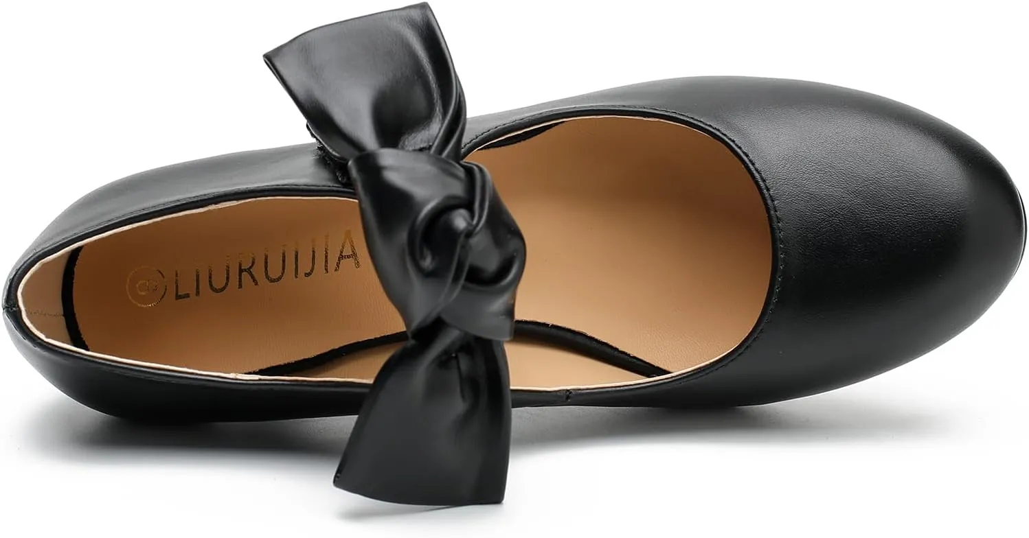 LIURUIJIA Women's Bow Heels Mary Jane Kitten Heel Pumps Round Toe Low Heels Ankle Strap Wedding Evening Party Dress Shoes