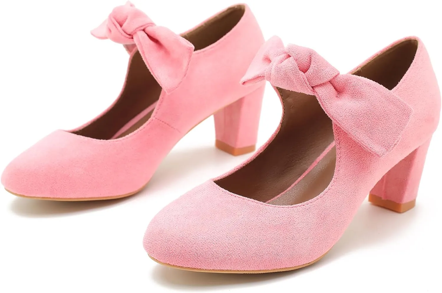 LIURUIJIA Women's Bow Mary Jane Low Block Heel Pumps Round Toe Ankle Strap Wedding Evening Party Dress Shoes
