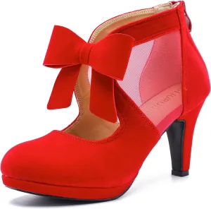 LIURUIJIA Womens Platform High Heels Bow Pumps Cutout Mesh Panel Wedding Work Party Dress Shoes