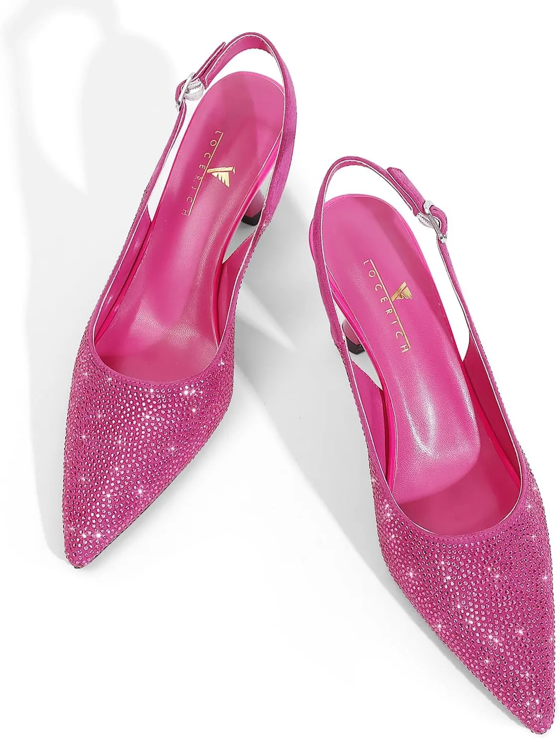 LOCERICH Women's Kitten Heels Slingback Low Heel Dress Shoes Closed Toe Pumps Rhinestone Pointed Toe Sparkly Sling Back Bridal Wedding Party