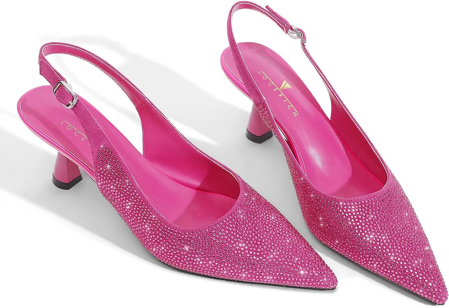 LOCERICH Women's Kitten Heels Slingback Low Heel Dress Shoes Closed Toe Pumps Rhinestone Pointed Toe Sparkly Sling Back Bridal Wedding Party