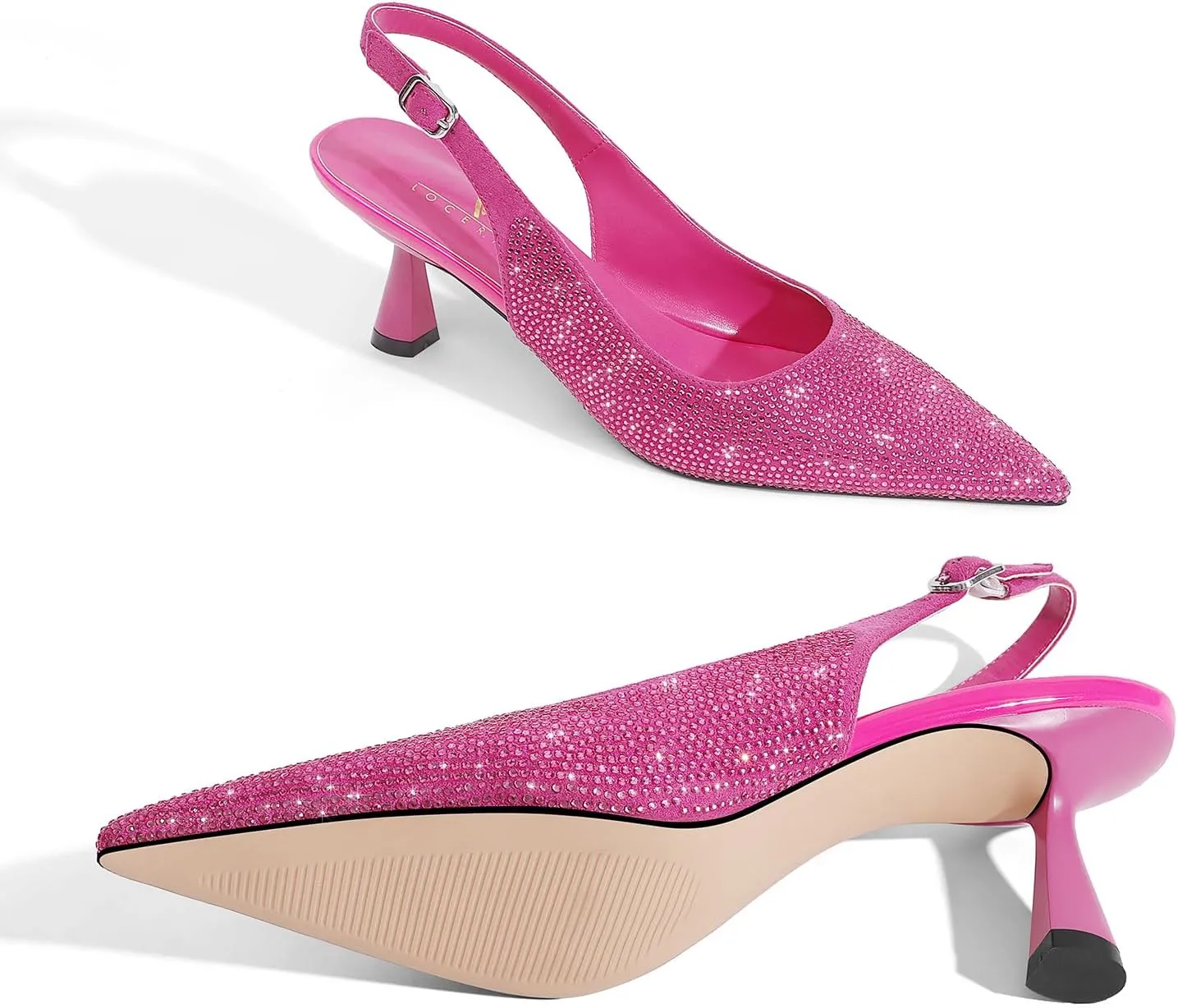 LOCERICH Women's Kitten Heels Slingback Low Heel Dress Shoes Closed Toe Pumps Rhinestone Pointed Toe Sparkly Sling Back Bridal Wedding Party