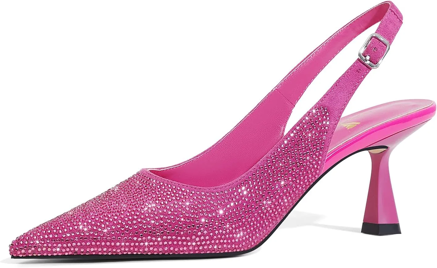 LOCERICH Women's Kitten Heels Slingback Low Heel Dress Shoes Closed Toe Pumps Rhinestone Pointed Toe Sparkly Sling Back Bridal Wedding Party