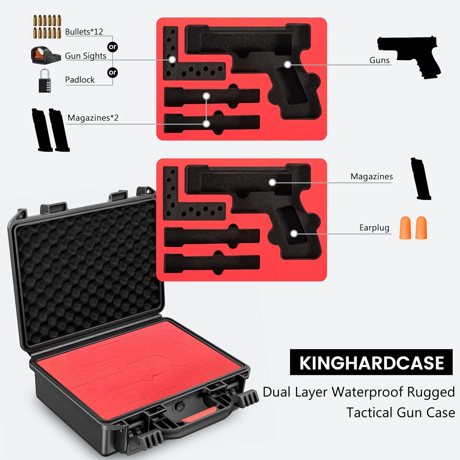 Lockable Handgun Case for Glock, TSA Gun Case for G17/G19/G20/G21/G22/G23/G31/G32/G37/G38/G43/G45, Waterproof Gun Case with Foam, Pistol Case for Transport & Storage