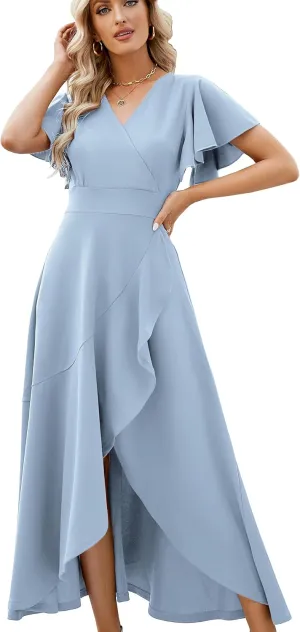 Long Black Formal Dresses for Women Gowns Evening Party Cocktail Dress,Split Elegant V Neck Wrap Ruffle Wedding Guest Dresses