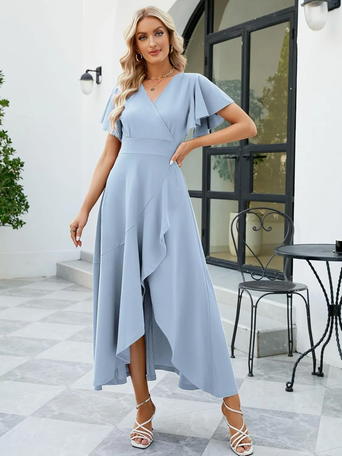 Long Black Formal Dresses for Women Gowns Evening Party Cocktail Dress,Split Elegant V Neck Wrap Ruffle Wedding Guest Dresses