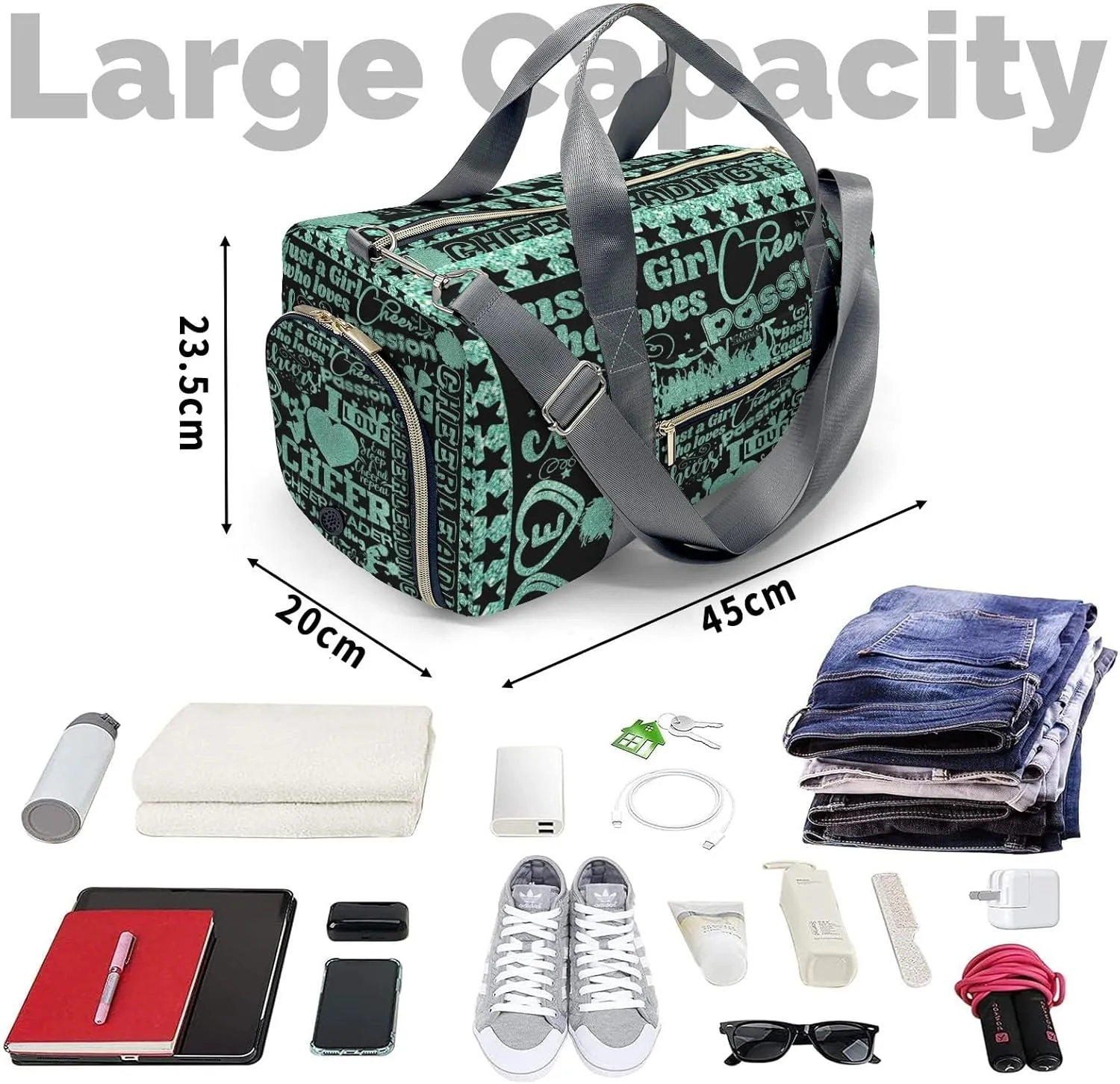Love Cheer Cheerleaders Pattern Waterproof Duffel Bag Adjustable Shoulder Strap Perform Training Travel Bag for Boys Girls Teens Women Men