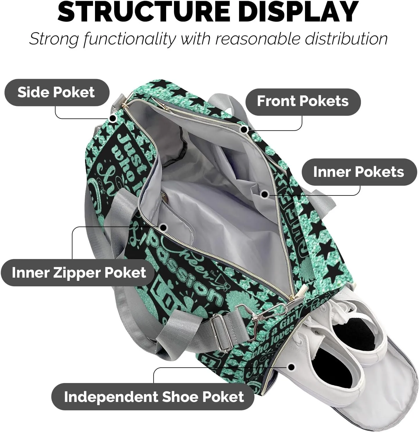 Love Cheer Cheerleaders Pattern Waterproof Duffel Bag Adjustable Shoulder Strap Perform Training Travel Bag for Boys Girls Teens Women Men