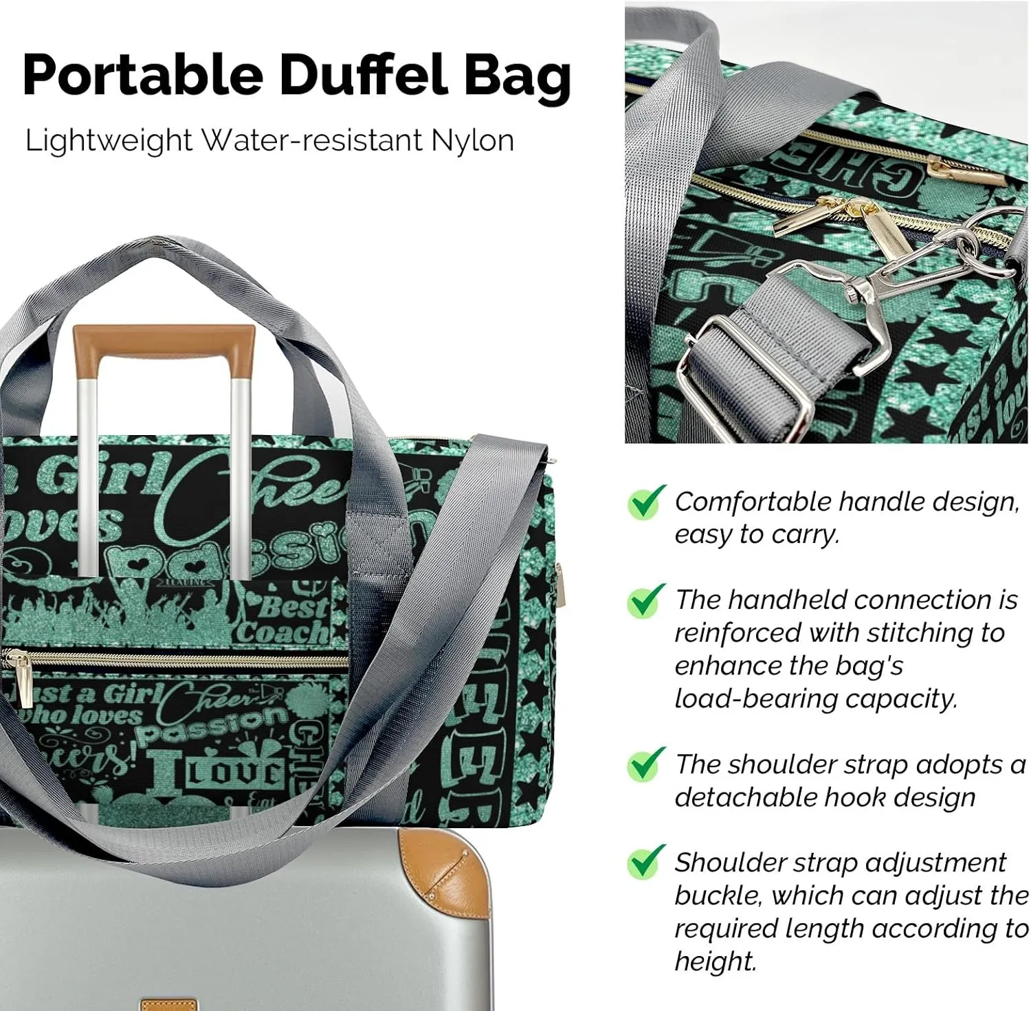 Love Cheer Cheerleaders Pattern Waterproof Duffel Bag Adjustable Shoulder Strap Perform Training Travel Bag for Boys Girls Teens Women Men