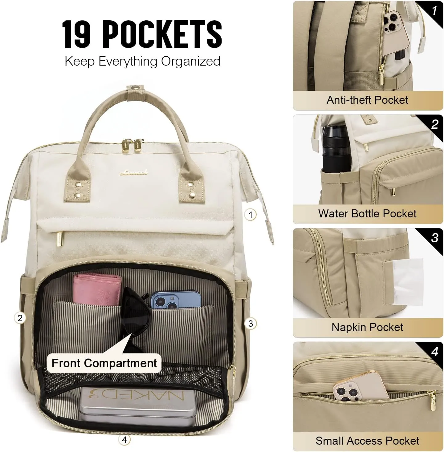 LOVEVOOK Laptop Backpack for Women, Fashion Computer Backpacks Purse, Business Travel Bags, Doctor Nurse Backpack for Work, Fits 15.6-Inch Laptop, Beige-Khaki