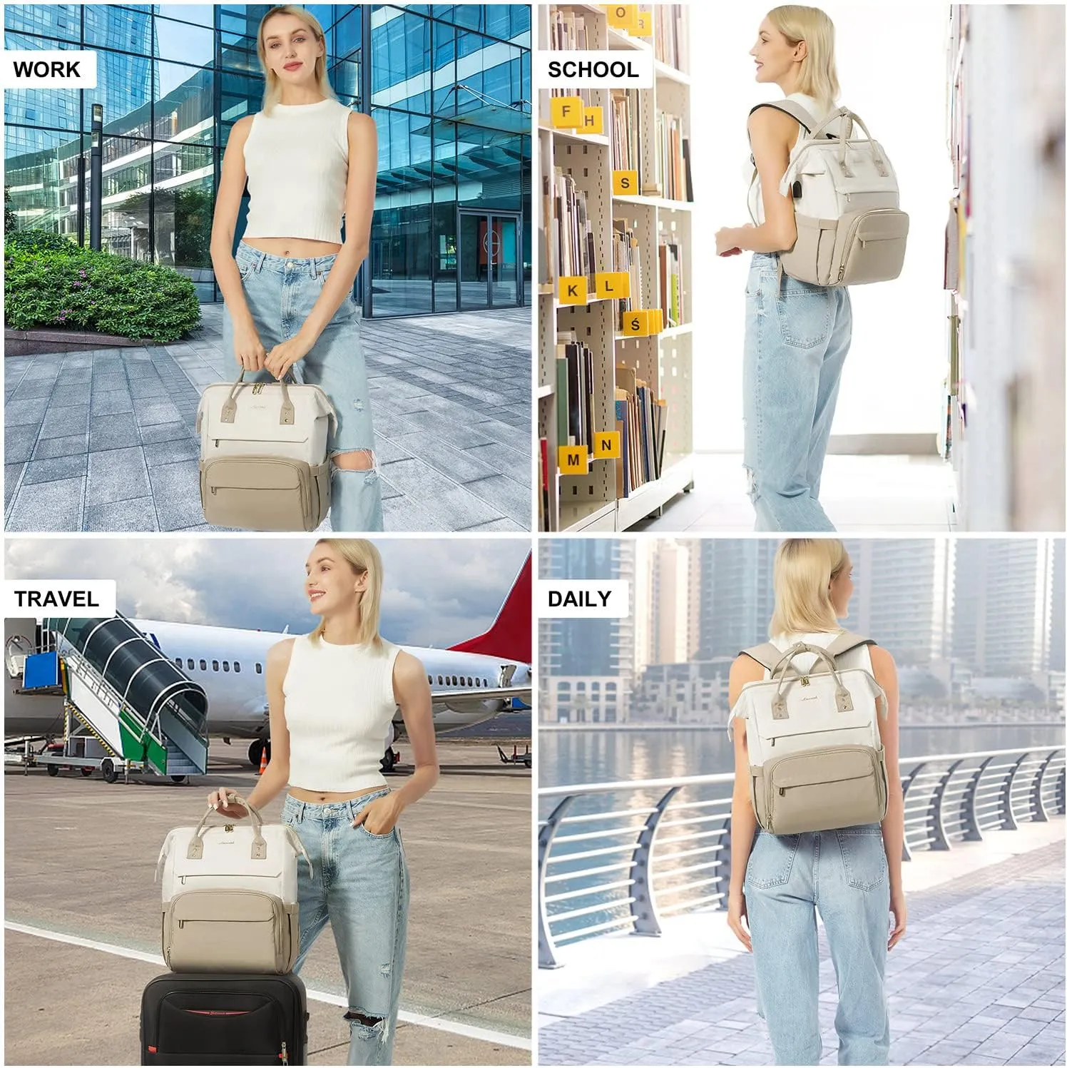 LOVEVOOK Laptop Backpack for Women, Fashion Computer Backpacks Purse, Business Travel Bags, Doctor Nurse Backpack for Work, Fits 15.6-Inch Laptop, Beige-Khaki