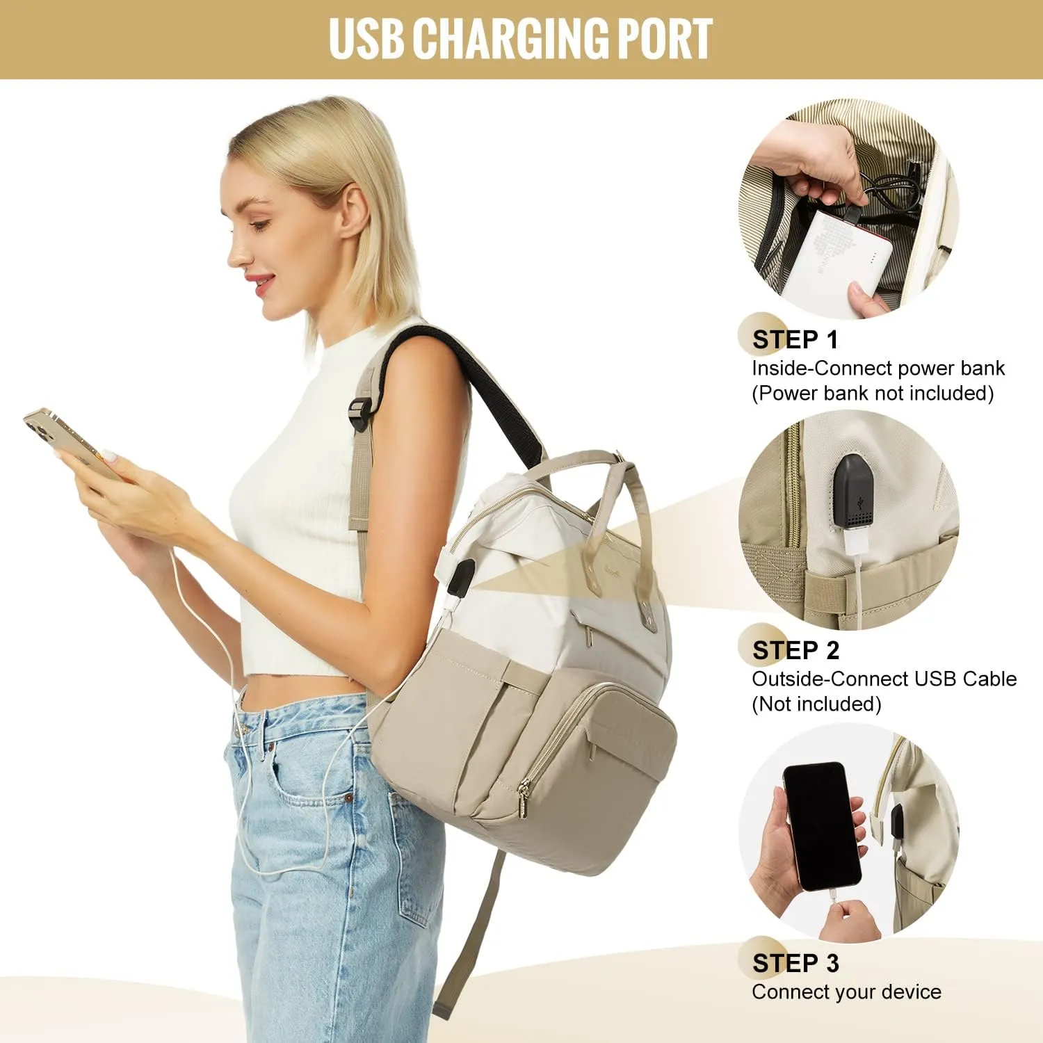 LOVEVOOK Laptop Backpack for Women, Fashion Computer Backpacks Purse, Business Travel Bags, Doctor Nurse Backpack for Work, Fits 15.6-Inch Laptop, Beige-Khaki
