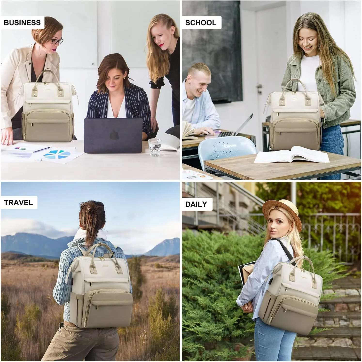 LOVEVOOK Laptop Backpack for Women, Fashion Computer Backpacks Purse, Business Travel Bags, Doctor Nurse Backpack for Work, Fits 15.6-Inch Laptop, Beige-Khaki