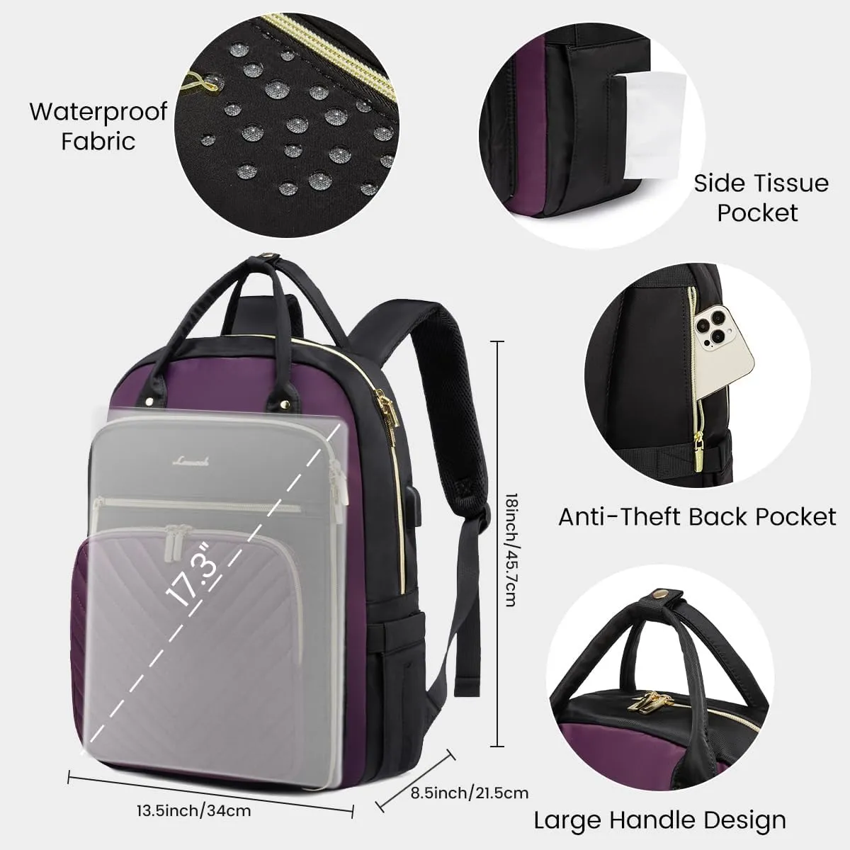 LOVEVOOK Laptop Backpack for Women, Water Resistant Travel Work Backpacks Purse Stylish Business Teacher Nurse Computer Bag with USB Charging Port, Fits 17.3" Laptop