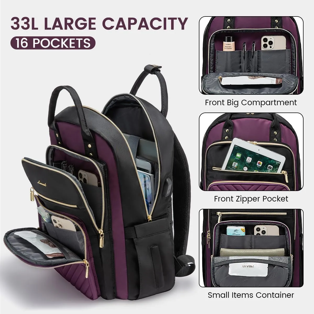 LOVEVOOK Laptop Backpack for Women, Water Resistant Travel Work Backpacks Purse Stylish Business Teacher Nurse Computer Bag with USB Charging Port, Fits 17.3" Laptop