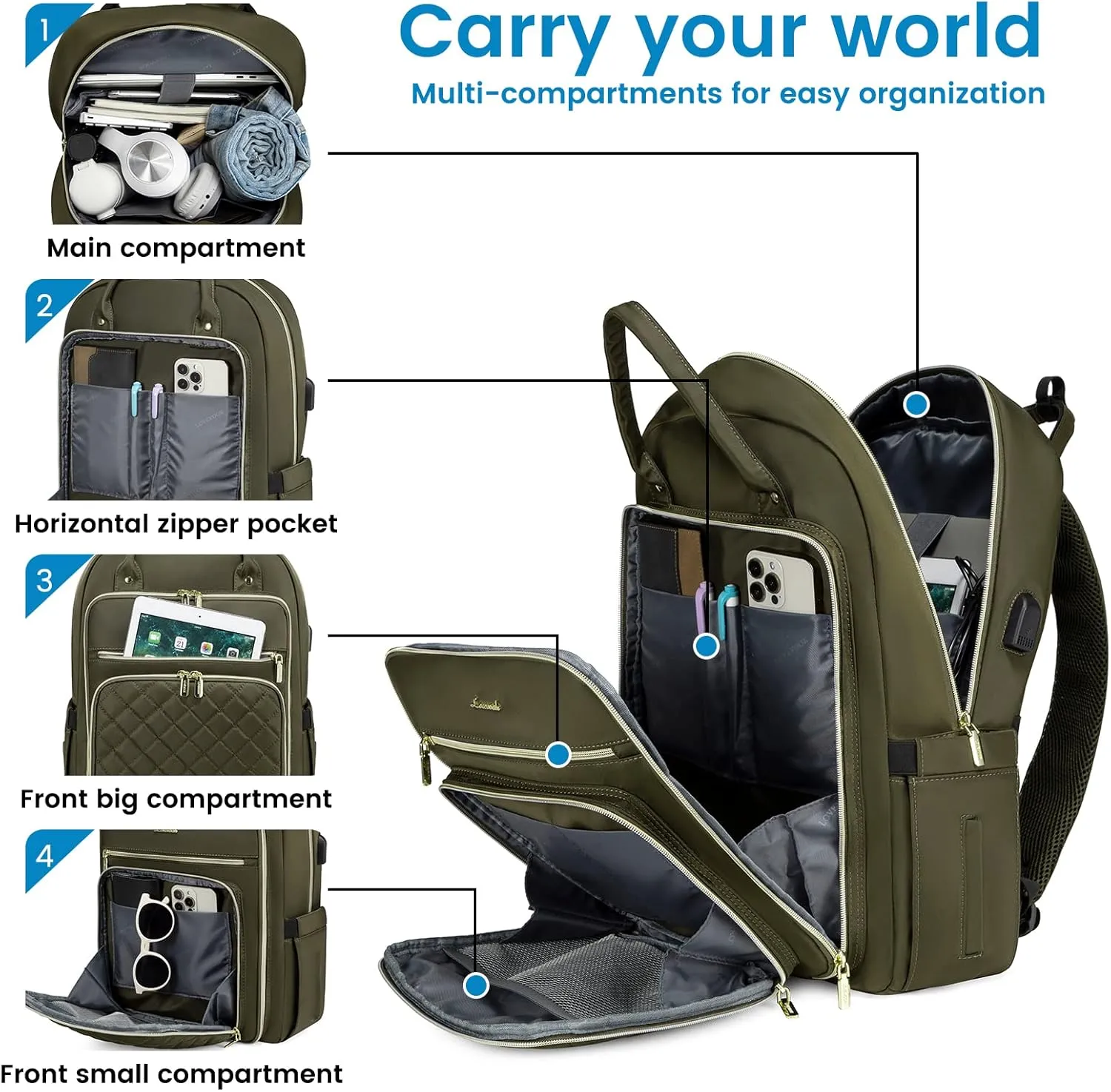 LOVEVOOK Laptop Backpack for Women, Water Resistant Travel Work Backpacks Purse Stylish College Bookbag Business Teacher Nurse Computer Bag with USB Charging Port, Fits 15.6" Laptop