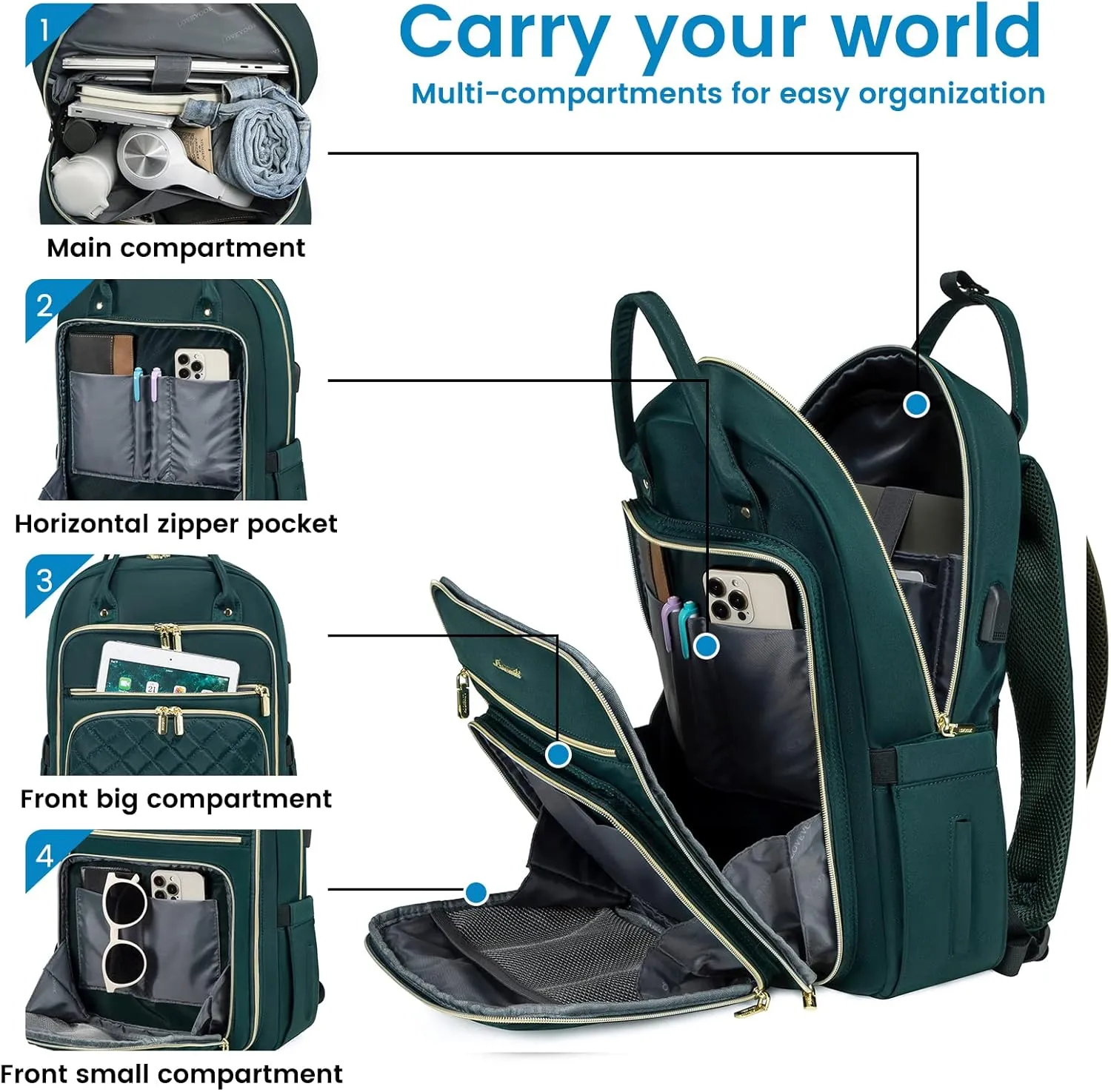 LOVEVOOK Laptop Backpack for Women, Water Resistant Travel Work Backpacks Purse Stylish College Business Teacher Nurse Computer Bag with USB Charging Port, Fits 17" Laptop
