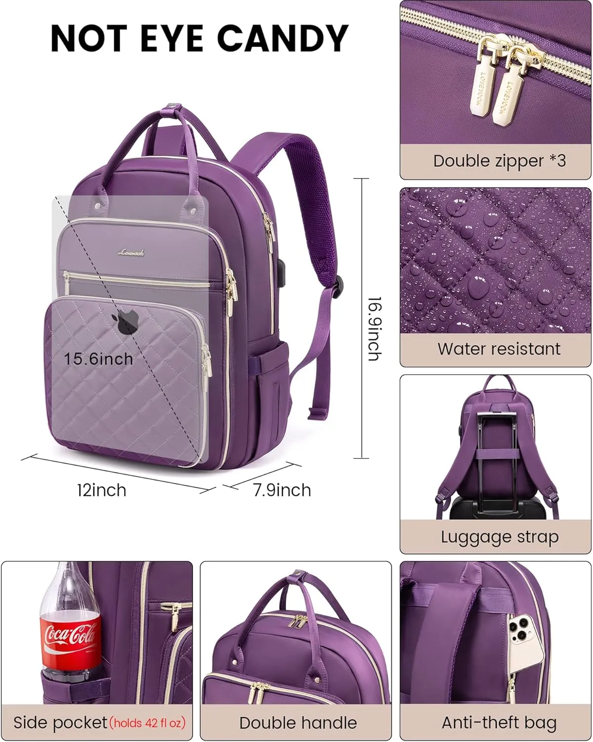LOVEVOOK Women's Laptop Backpack, Purple, 27-Liter Capacity, Stylish Design, Secure Laptop Storage, USB Charging, Anti-Theft Pockets, Comfortable Straps