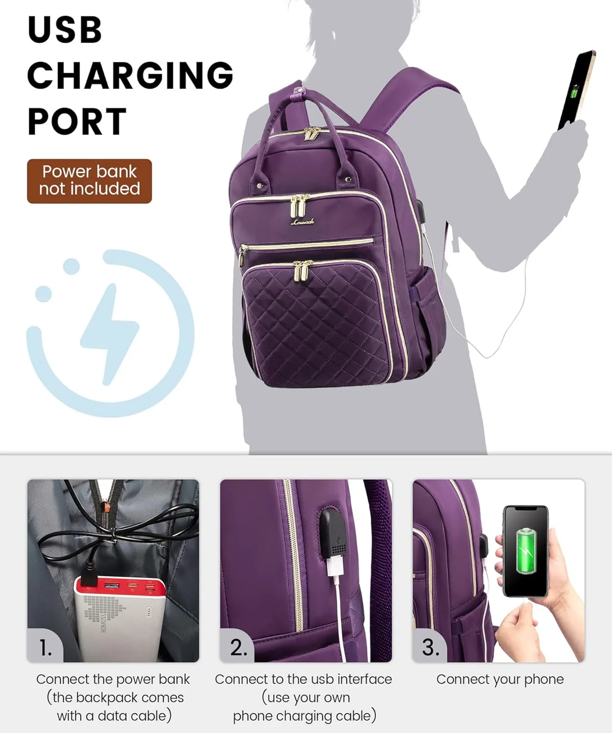 LOVEVOOK Women's Laptop Backpack, Purple, 27-Liter Capacity, Stylish Design, Secure Laptop Storage, USB Charging, Anti-Theft Pockets, Comfortable Straps