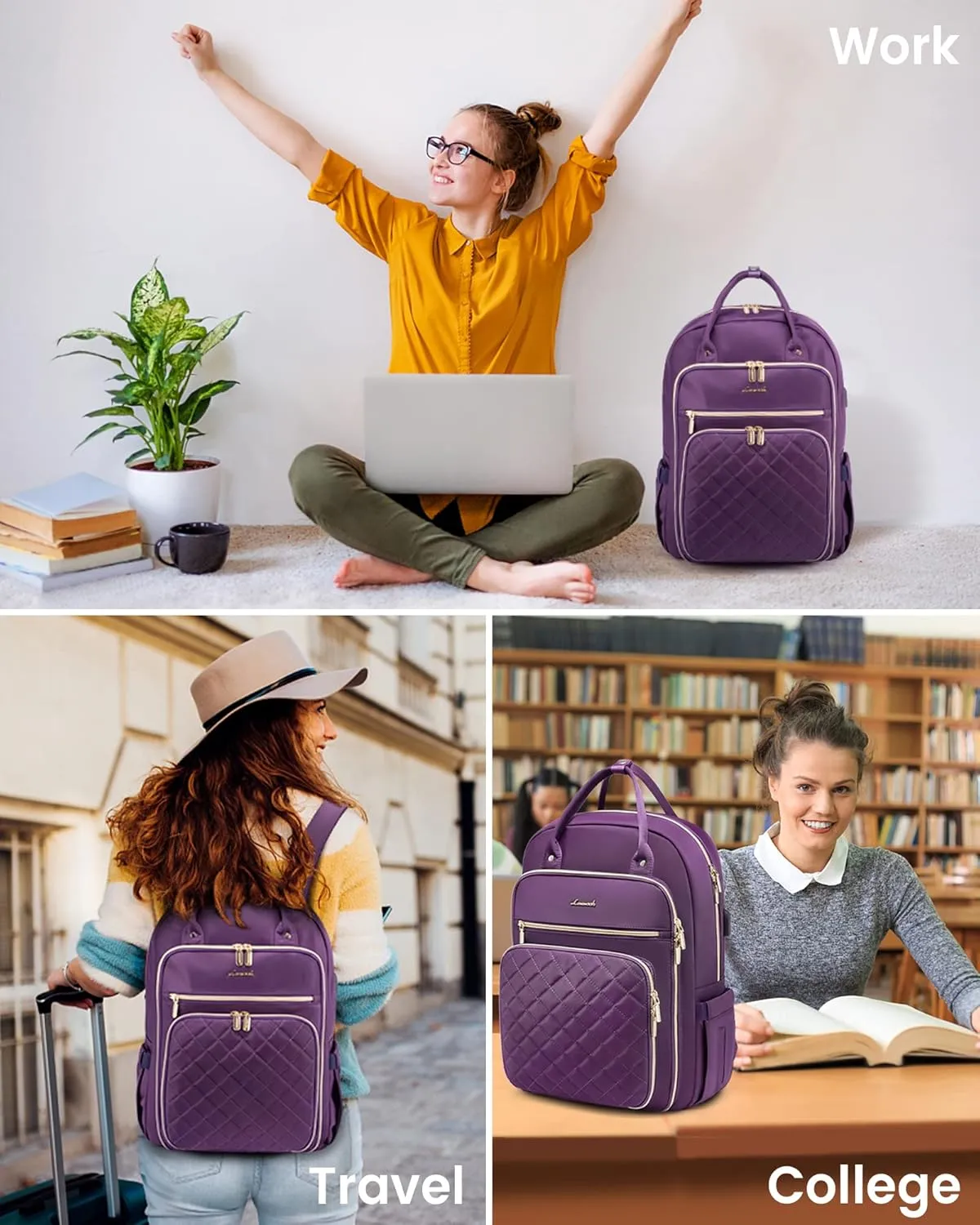 LOVEVOOK Women's Laptop Backpack, Purple, 27-Liter Capacity, Stylish Design, Secure Laptop Storage, USB Charging, Anti-Theft Pockets, Comfortable Straps