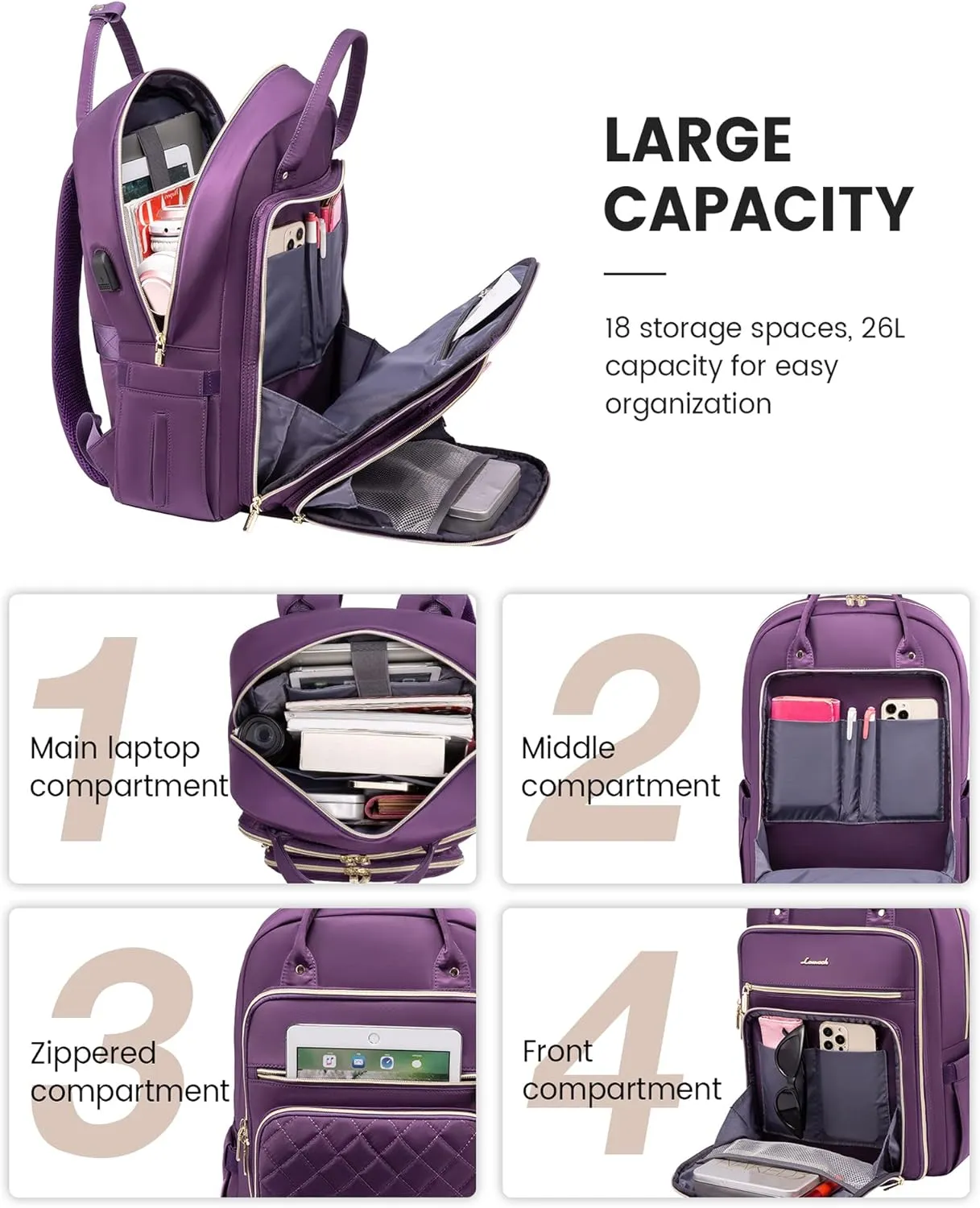 LOVEVOOK Women's Laptop Backpack, Purple, 27-Liter Capacity, Stylish Design, Secure Laptop Storage, USB Charging, Anti-Theft Pockets, Comfortable Straps