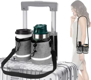 Luggage Cup Holder Travel Bag with Shoulder Strap, Fits on Suitcase Handles, Holds Coffee Cups Milk Bottle, Travel Essential Flight Attendant Accessories