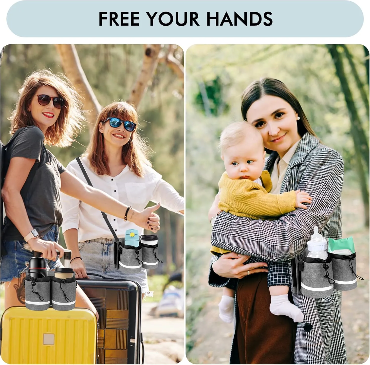 Luggage Cup Holder Travel Bag with Shoulder Strap, Fits on Suitcase Handles, Holds Coffee Cups Milk Bottle, Travel Essential Flight Attendant Accessories