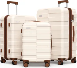Luggage Sets 3 Piece (3-YEARS VIP SERVICE) Hardside Expandable Ultra Durable 100% PC Lightweight Carry On Travel Suitcase Set with TSA Lock Spinner Wheels, White Brown