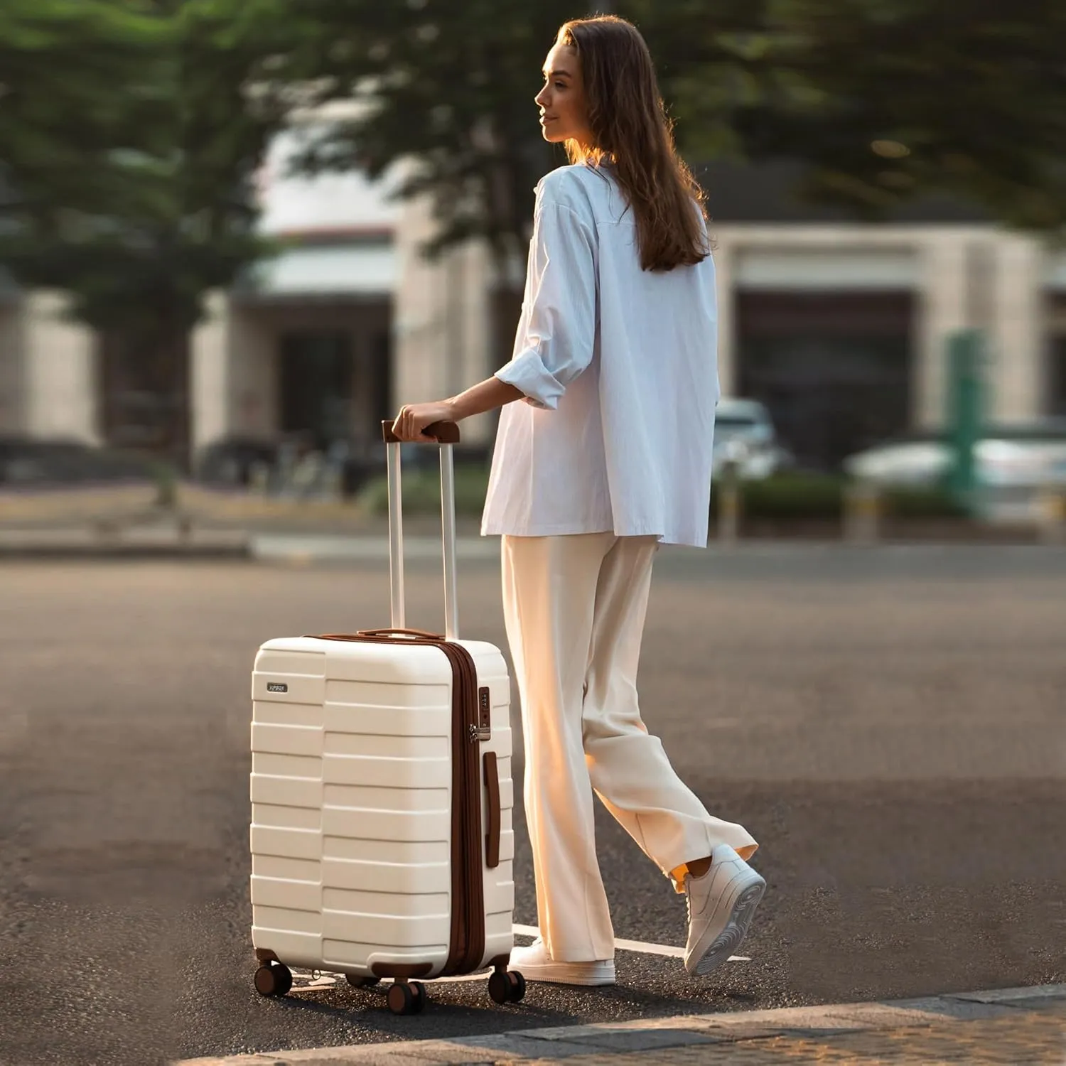 Luggage Sets 3 Piece (3-YEARS VIP SERVICE) Hardside Expandable Ultra Durable 100% PC Lightweight Carry On Travel Suitcase Set with TSA Lock Spinner Wheels, White Brown