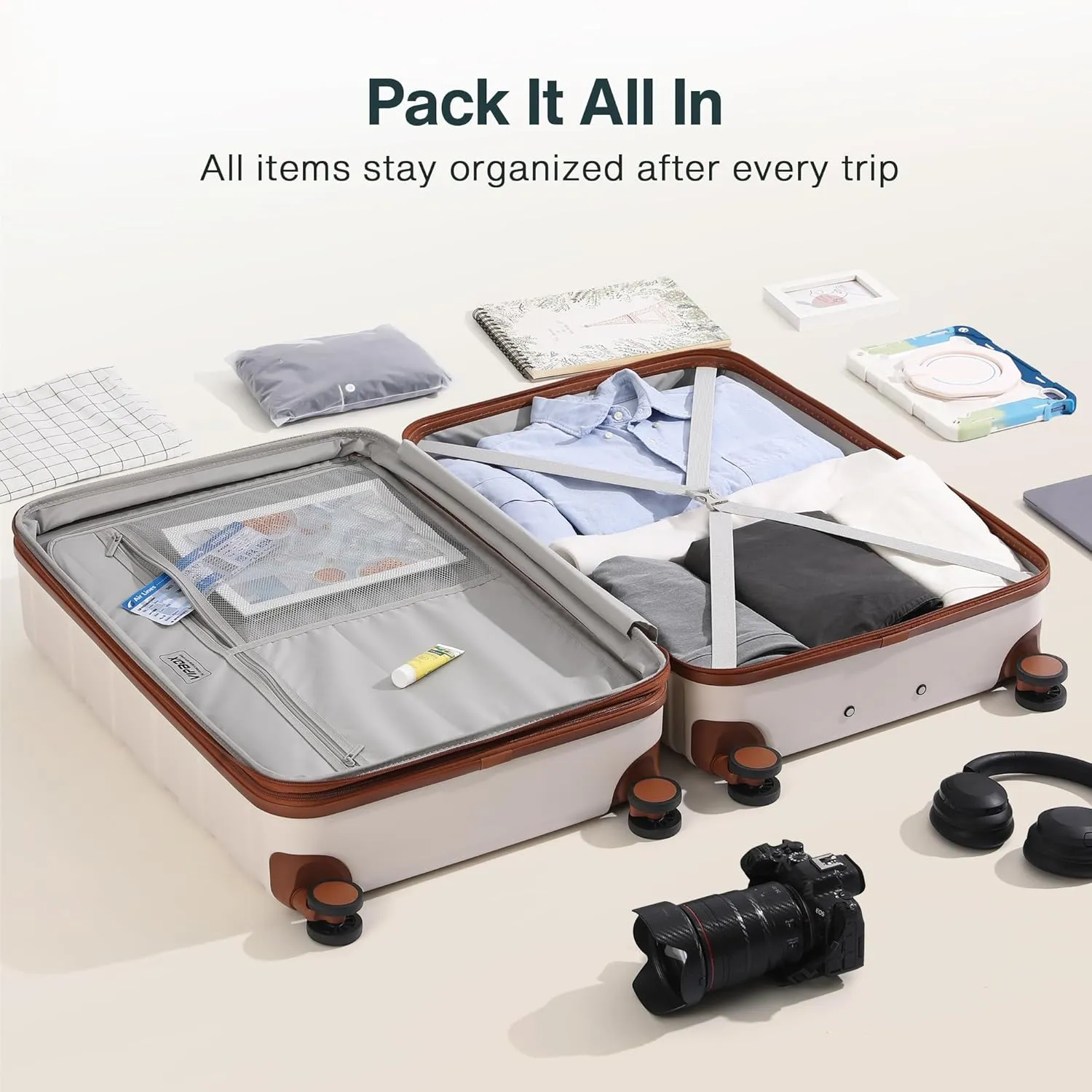 Luggage Sets 3 Piece (3-YEARS VIP SERVICE) Hardside Expandable Ultra Durable 100% PC Lightweight Carry On Travel Suitcase Set with TSA Lock Spinner Wheels, White Brown
