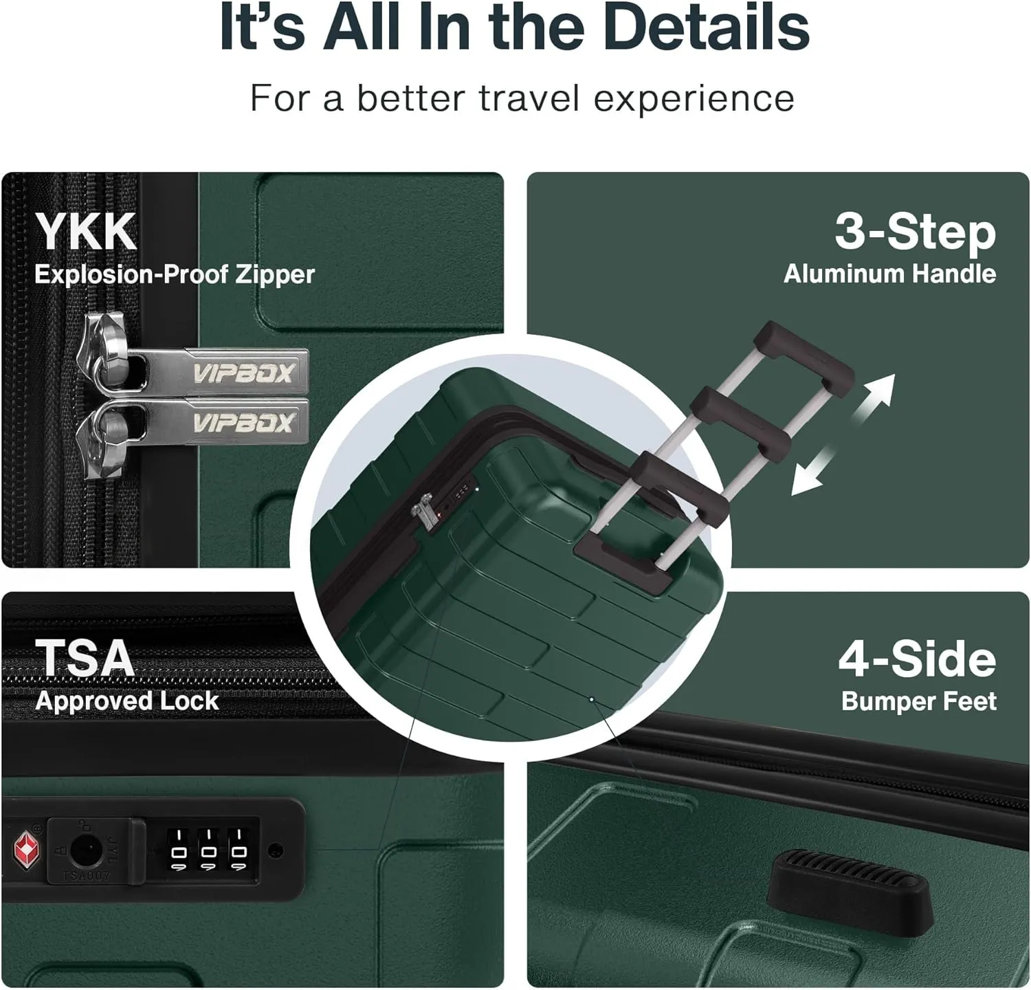 Luggage Sets 3 Piece (3-YEARS VIP SERVICE) Hardside Expandable Ultra Durable Polycarbonate Lightweight Carry On Travel Suitcase with TSA Lock Spinner Wheels, Forest Green