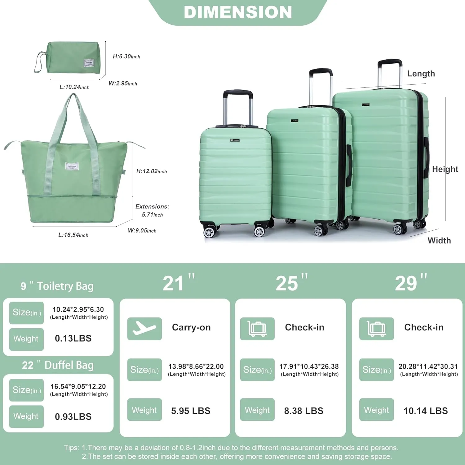 Luggage Sets 3 Piece with Double Spinner Wheels,PC Hardside Suitcase Sets with Expandable, Carry On Luggage Set with Travel Duffle Bag for Women and Men