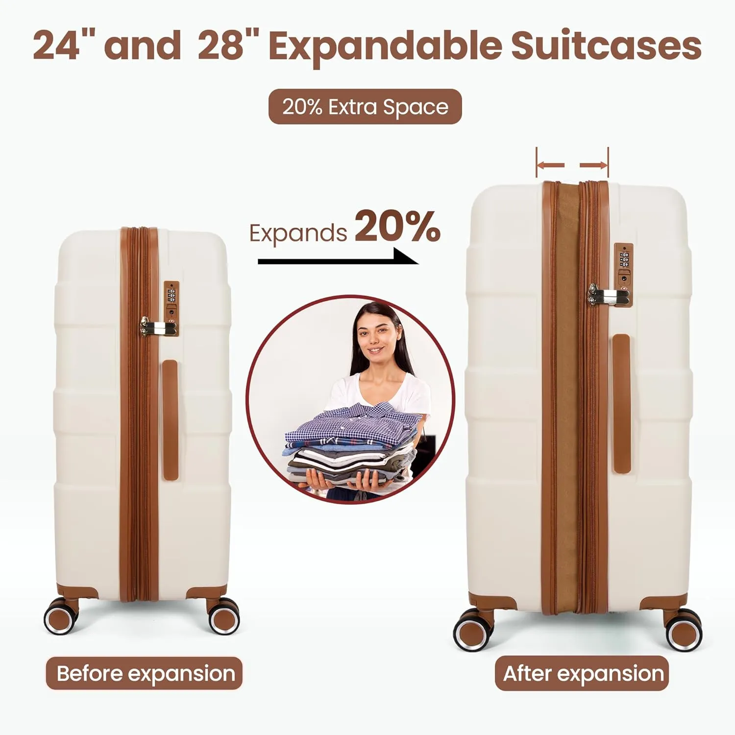 Luggage Sets 3 Piece with Spinner Wheel, Hardside Suitcase Set with TSA Lock, Expandable Travel Luggage for Men and Women, White