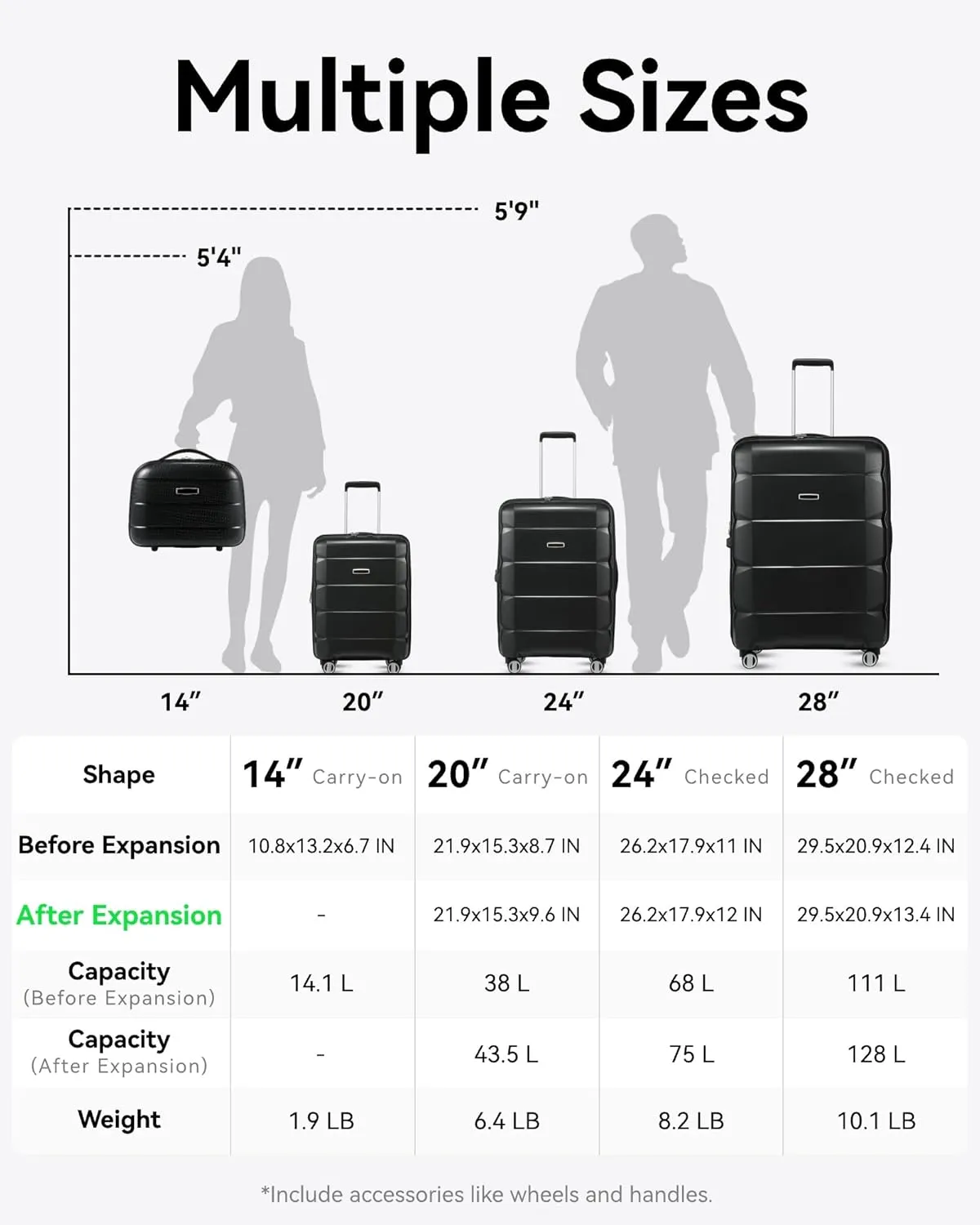 LUGGEX Carry on Luggage with Spinner Wheels, Lightweight Suitcase 2 Piece, Expandable (Black, 14/20)