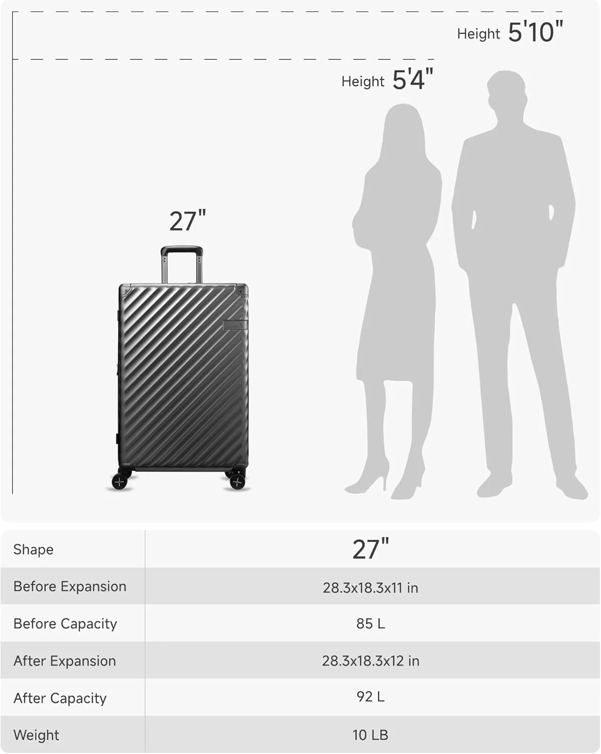 LUGGEX Luggage with Spinner Wheels, Polycarbonate Expandable Hard Shell Suitcase, Checked Large 27 Inch, Champagne
