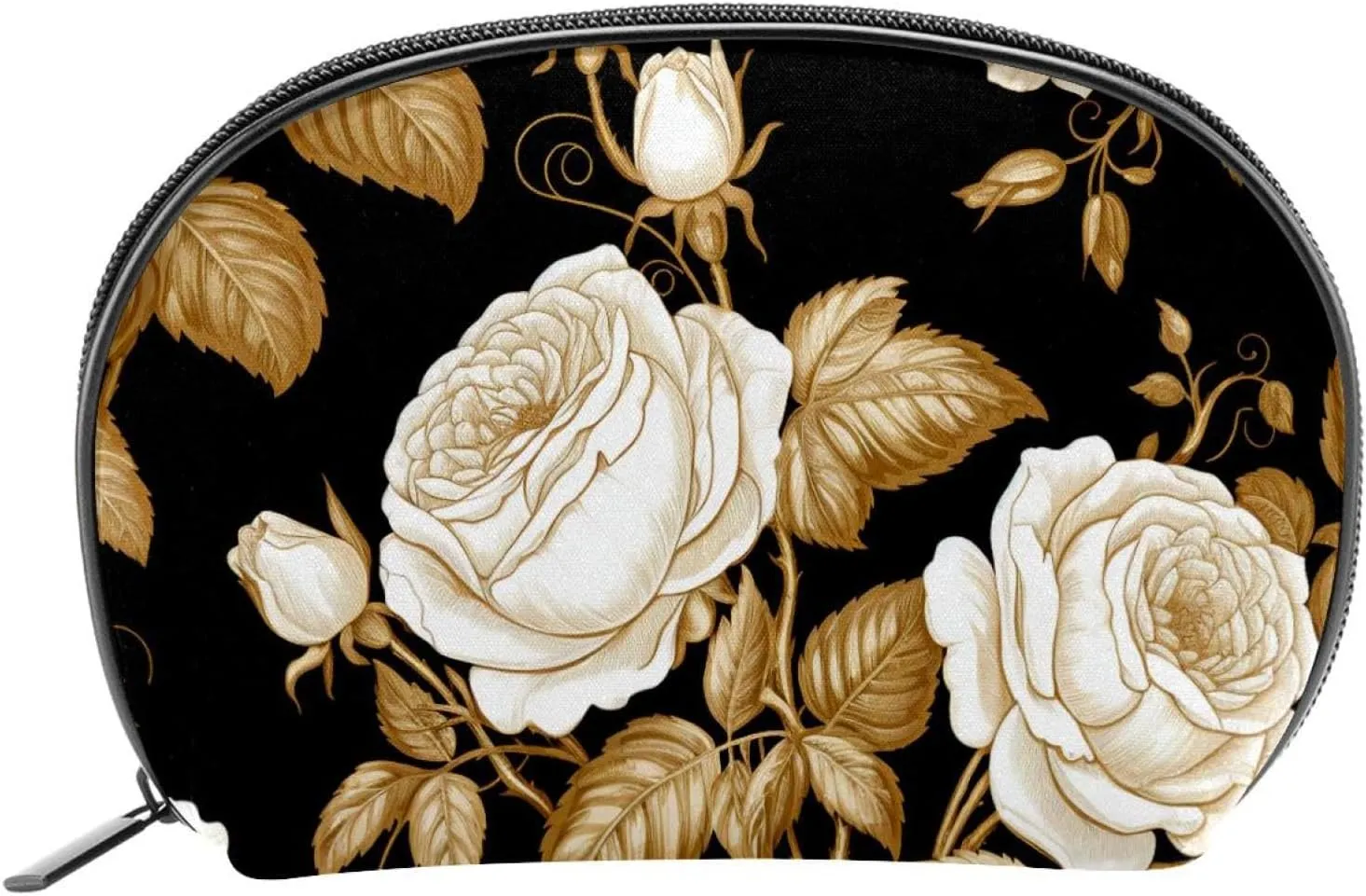 Makeup Bag Organizer,Cosmetic Bags for Women,White Rose Flower Golden Leaves,Small Makeup Pouch