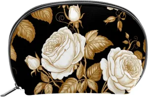 Makeup Bag Organizer,Cosmetic Bags for Women,White Rose Flower Golden Leaves,Small Makeup Pouch